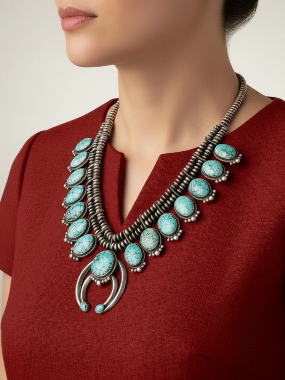 Authentic Navajo Esther Wood Sterling Silver Turquoise Squash Blossom Necklace - Picture 3 of 12